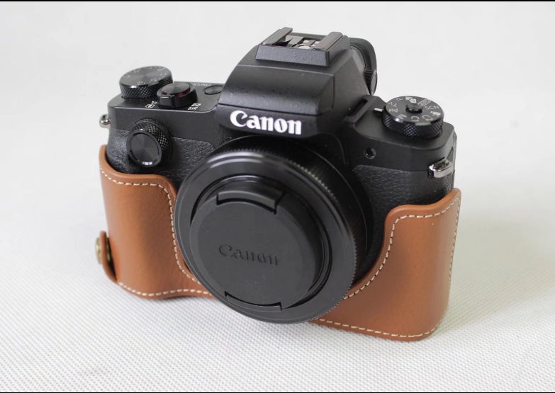 Genuine Leather Half Camera Case Bag Protector for Canon G1X Mark III - Brown