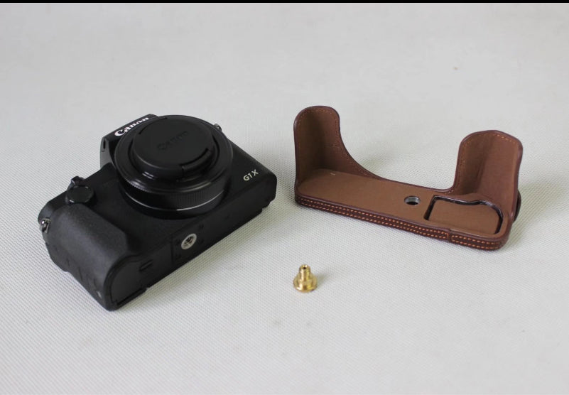 Genuine Leather Half Camera Cover Bag Case Protector for Canon G1X Mark III - Coffee