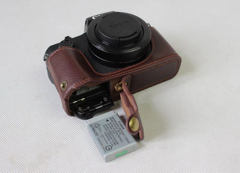 Genuine Leather Half Camera Cover Bag Case Protector for Canon G1X Mark III - Coffee