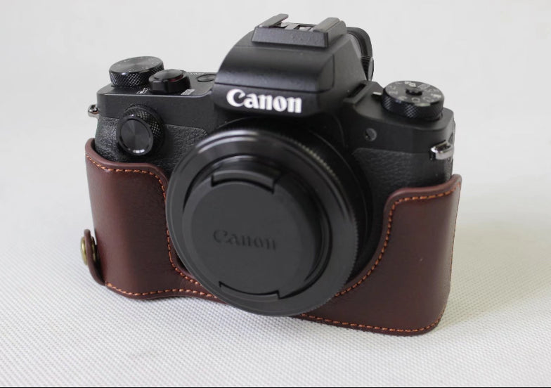 Genuine Leather Half Camera Cover Bag Case Protector for Canon G1X Mark III - Coffee