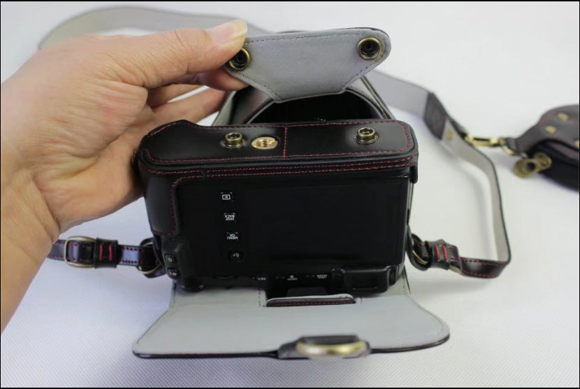 PU Leather Protective Case + Strap + Camera Lens Bag for Fujifilm X-E3 (Long-focus Edition) Camera - Black
