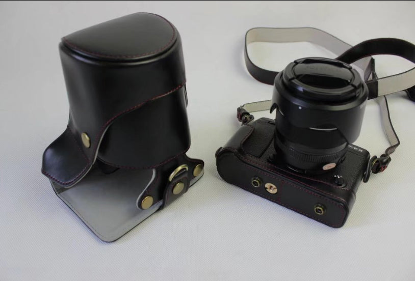 PU Leather Protective Case + Strap + Camera Lens Bag for Fujifilm X-E3 (Long-focus Edition) Camera - Black