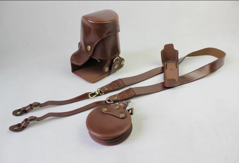 PU Leather Protective Shell + Strap + Camera Lens Bag for Fujifilm X-E3 (Long-focus Edition) Camera - Coffee