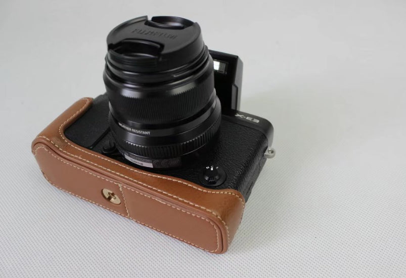 Genuine Leather Half Camera Case Bag Cover Protector for Fujifilm X-E3 Camera - Brown