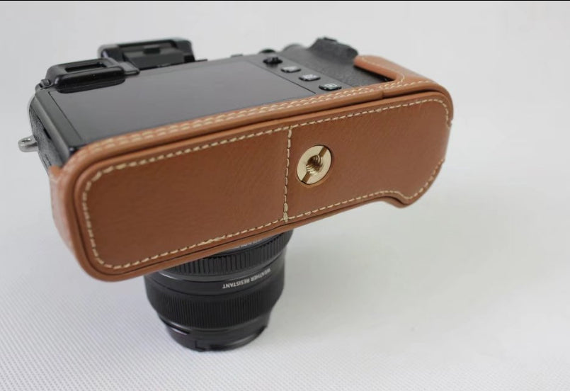Genuine Leather Half Camera Case Bag Cover Protector for Fujifilm X-E3 Camera - Brown