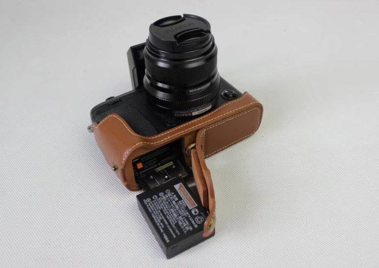 Genuine Leather Half Camera Case Bag Cover Protector for Fujifilm X-E3 Camera - Brown