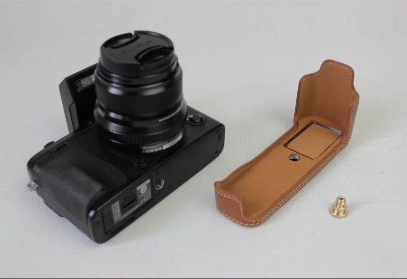 Genuine Leather Half Camera Case Bag Cover Protector for Fujifilm X-E3 Camera - Brown