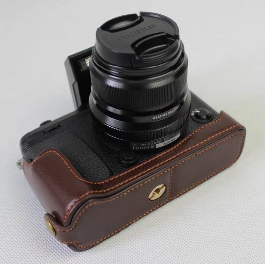 Genuine Leather Half Camera Cover Bag Case Protector for Fujifilm X-E3 Camera - Coffee