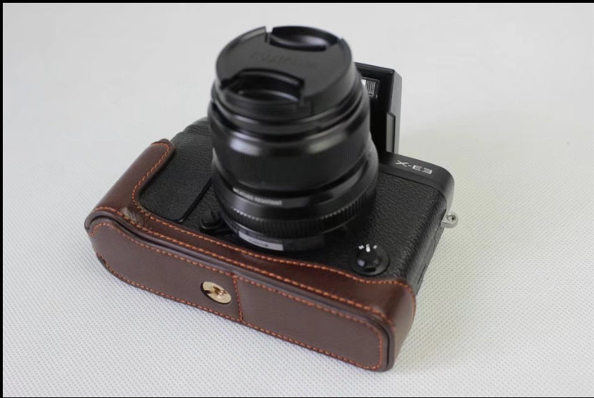 Genuine Leather Half Camera Cover Bag Case Protector for Fujifilm X-E3 Camera - Coffee