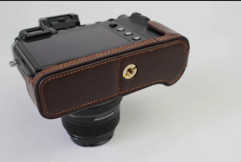 Genuine Leather Half Camera Cover Bag Case Protector for Fujifilm X-E3 Camera - Coffee