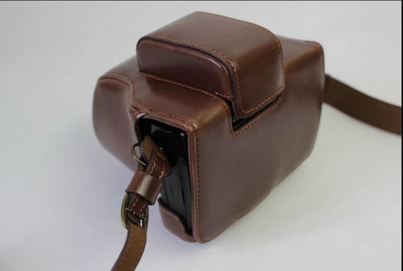 PU Leather Protective Case + Strap + Camera Lens Bag for Fujifilm X-E3 Camera with XF23mm Lens - Coffee