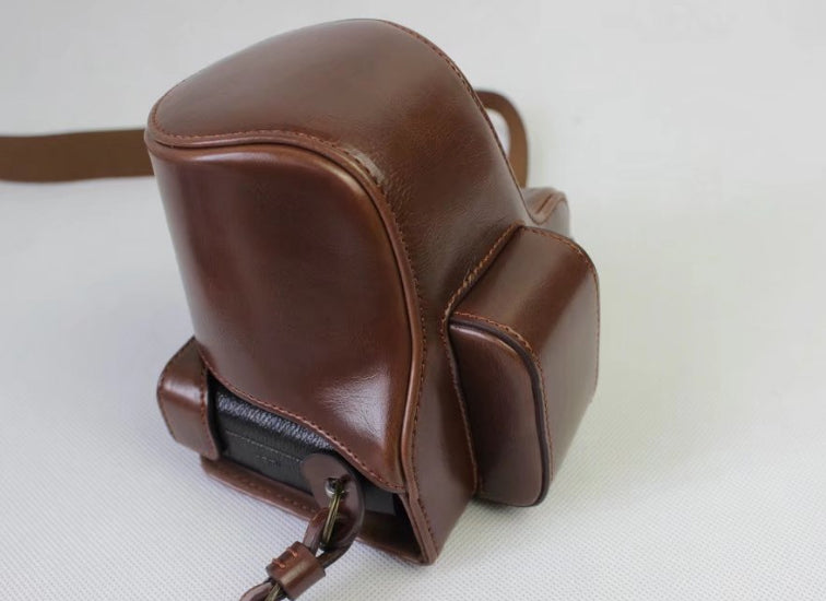 PU Leather Protective Case + Strap + Camera Lens Bag for Fujifilm X-E3 Camera with XF23mm Lens - Coffee