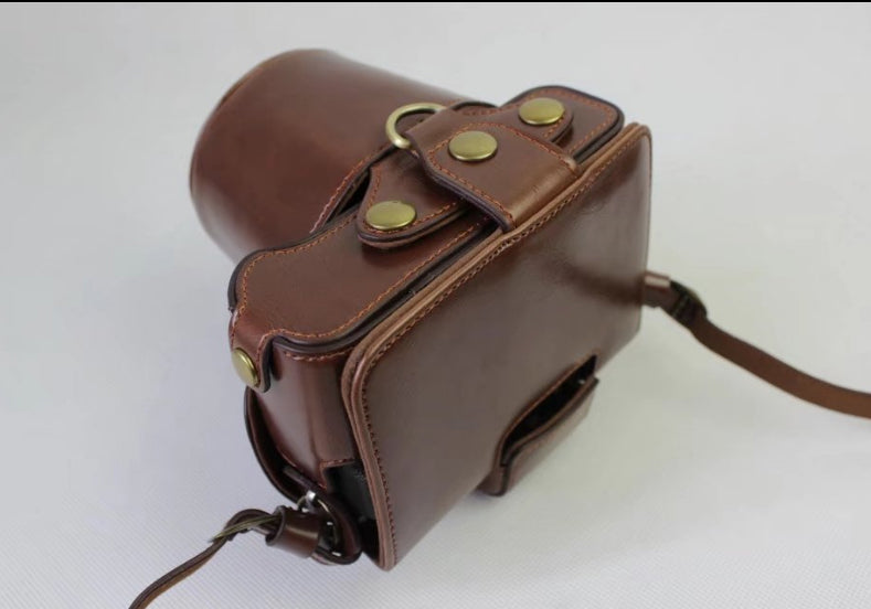 PU Leather Protective Case + Strap + Camera Lens Bag for Fujifilm X-E3 Camera with XF23mm Lens - Coffee