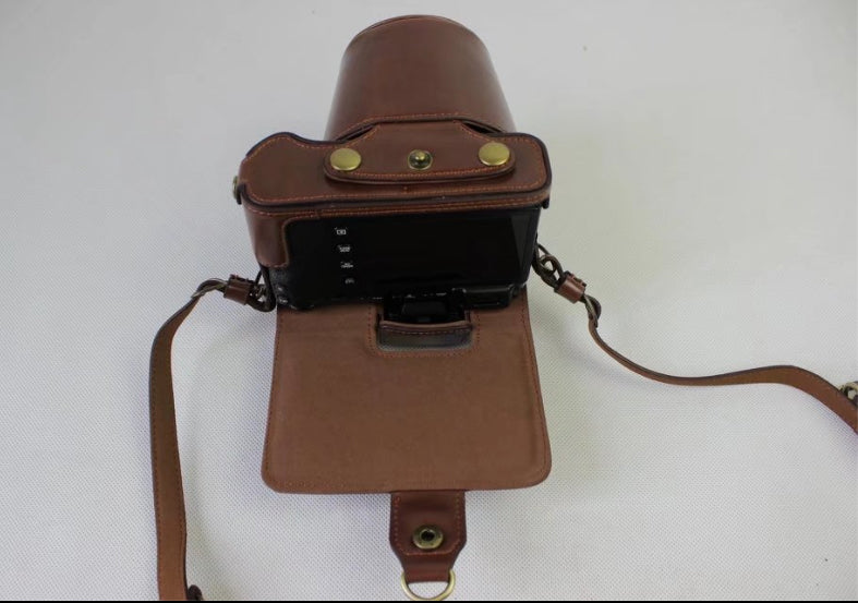 PU Leather Protective Case + Strap + Camera Lens Bag for Fujifilm X-E3 Camera with XF23mm Lens - Coffee