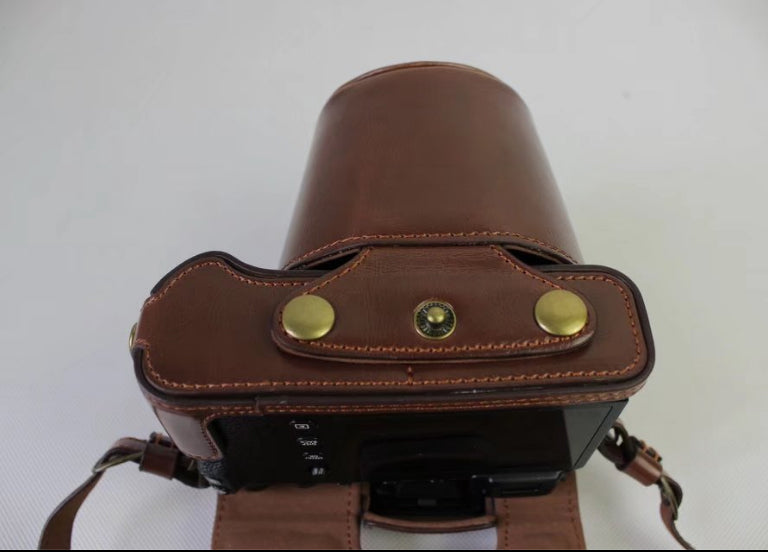 PU Leather Protective Case + Strap + Camera Lens Bag for Fujifilm X-E3 Camera with XF23mm Lens - Coffee