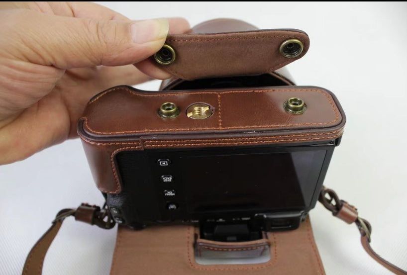 PU Leather Protective Case + Strap + Camera Lens Bag for Fujifilm X-E3 Camera with XF23mm Lens - Coffee