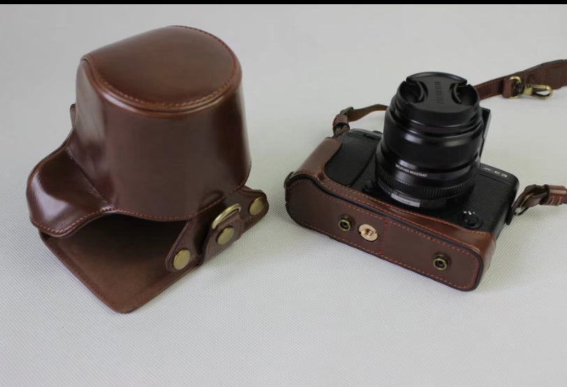 PU Leather Protective Case + Strap + Camera Lens Bag for Fujifilm X-E3 Camera with XF23mm Lens - Coffee