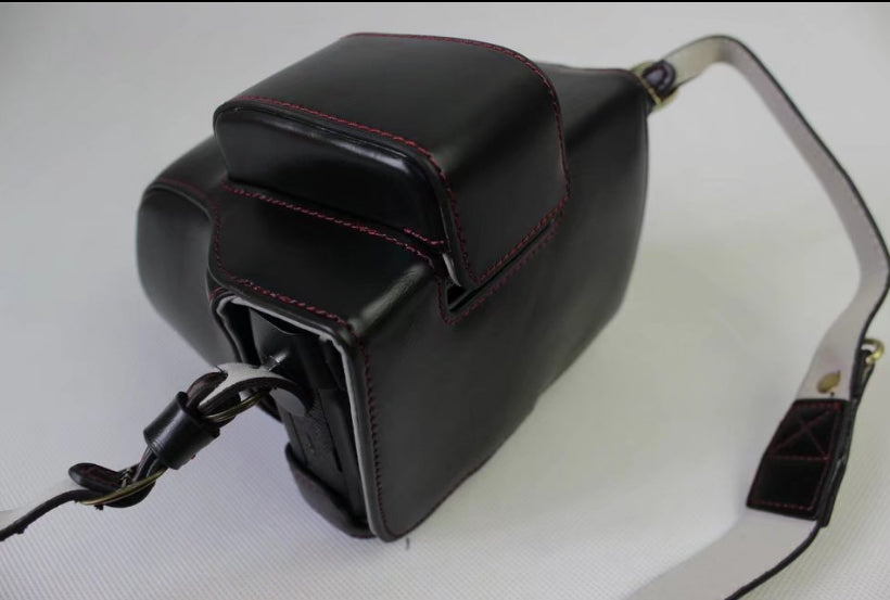 PU Leather Protective Cover + Strap + Camera Lens Bag for Fujifilm X-E3 Camera with XF23mm Lens - Black