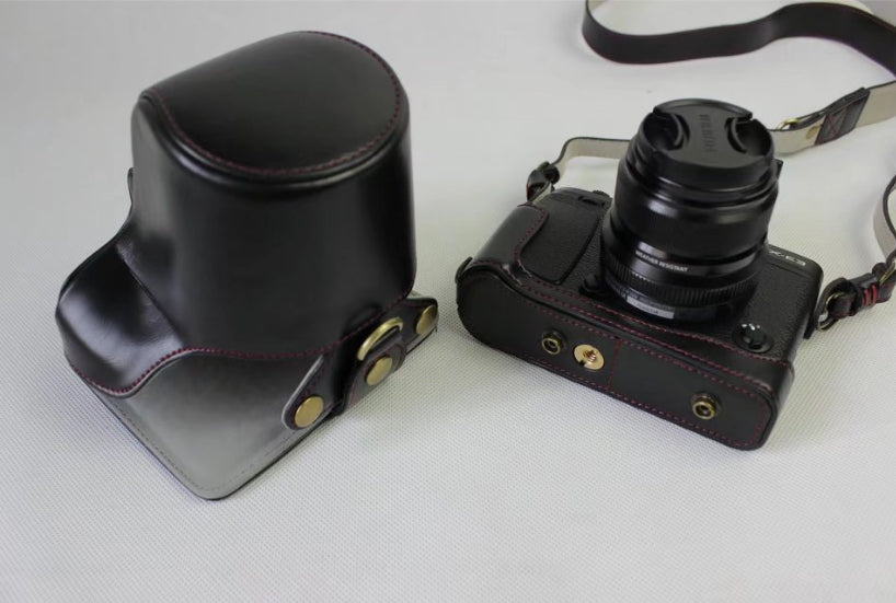 PU Leather Protective Cover + Strap + Camera Lens Bag for Fujifilm X-E3 Camera with XF23mm Lens - Black