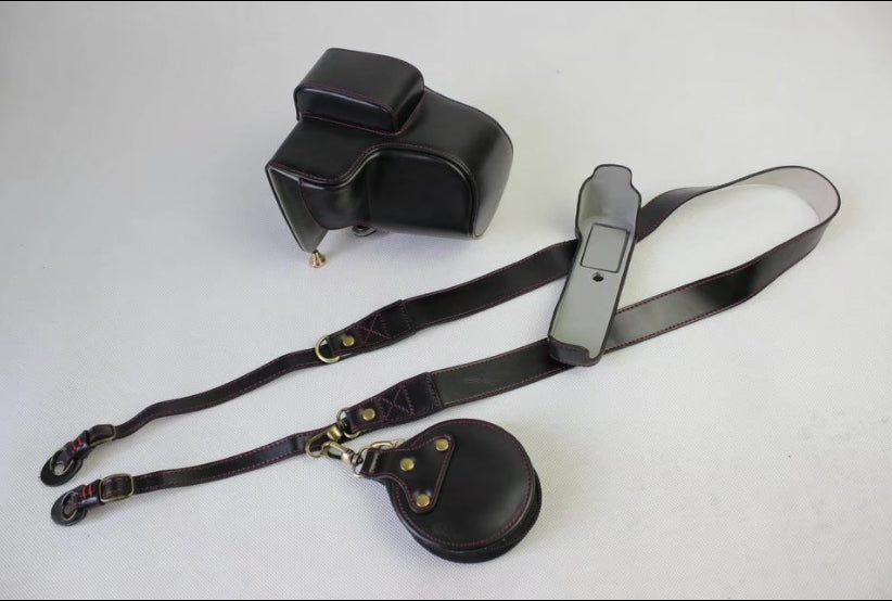 PU Leather Protective Cover + Strap + Camera Lens Bag for Fujifilm X-E3 Camera with XF23mm Lens - Black
