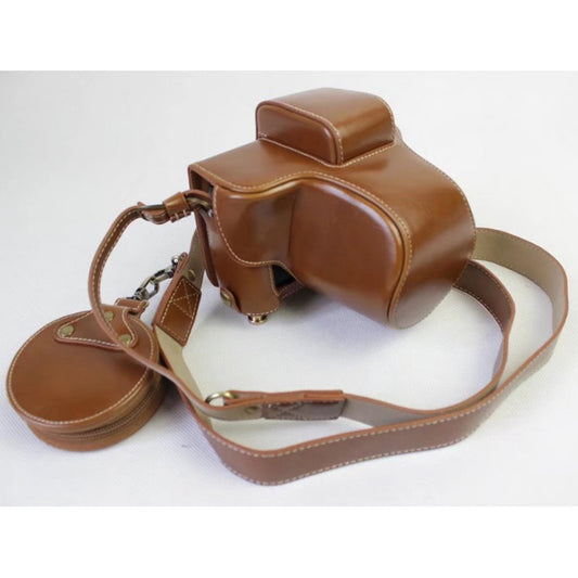 PU Leather Protective Bag + Strap + Camera Lens Bag for Fujifilm X-E3 Camera with XF23mm Lens - Brown