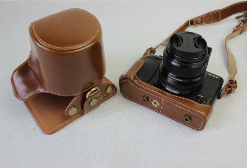 PU Leather Protective Bag + Strap + Camera Lens Bag for Fujifilm X-E3 Camera with XF23mm Lens - Brown