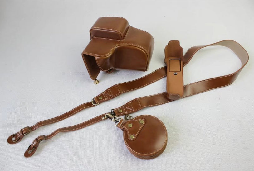 PU Leather Protective Bag + Strap + Camera Lens Bag for Fujifilm X-E3 Camera with XF23mm Lens - Brown