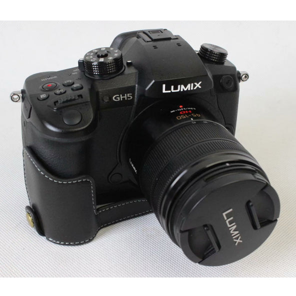Genuine Leather Half Camera Case Bag Cover Protector for Panasonic DMC-GH5GK / GH5 Camera - Black