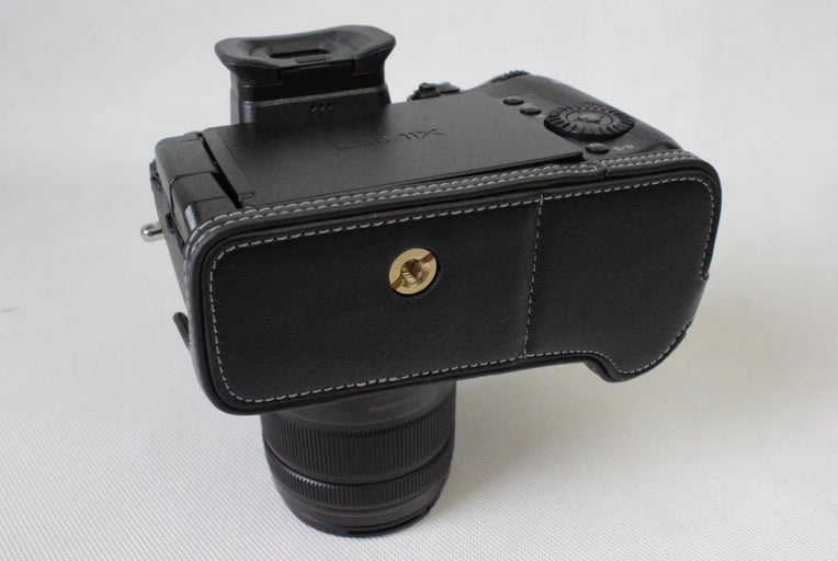 Genuine Leather Half Camera Case Bag Cover Protector for Panasonic DMC-GH5GK / GH5 Camera - Black
