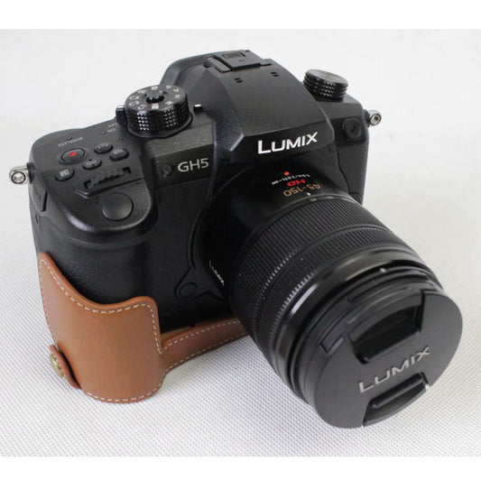 Genuine Leather Half Camera Bag Case Protector for Panasonic DMC-GH5GK / GH5 Camera - Brown