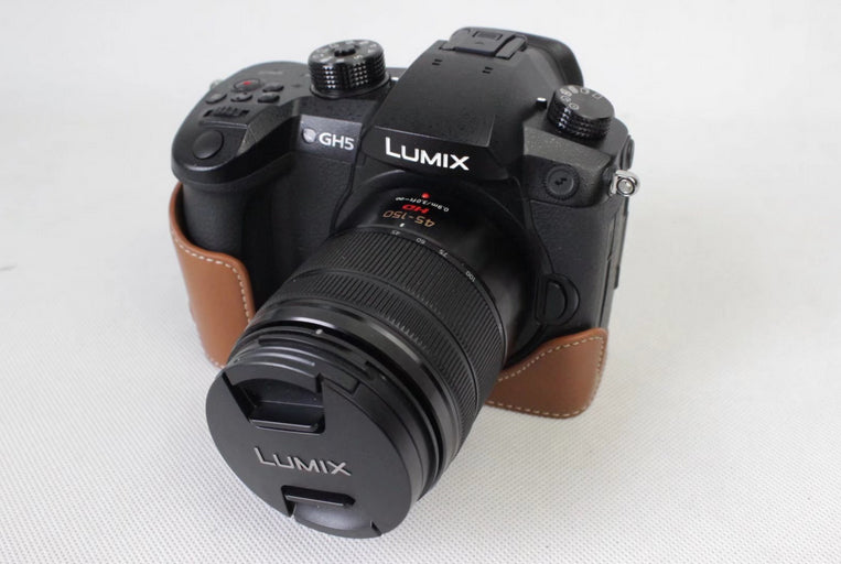 Genuine Leather Half Camera Bag Case Protector for Panasonic DMC-GH5GK / GH5 Camera - Brown