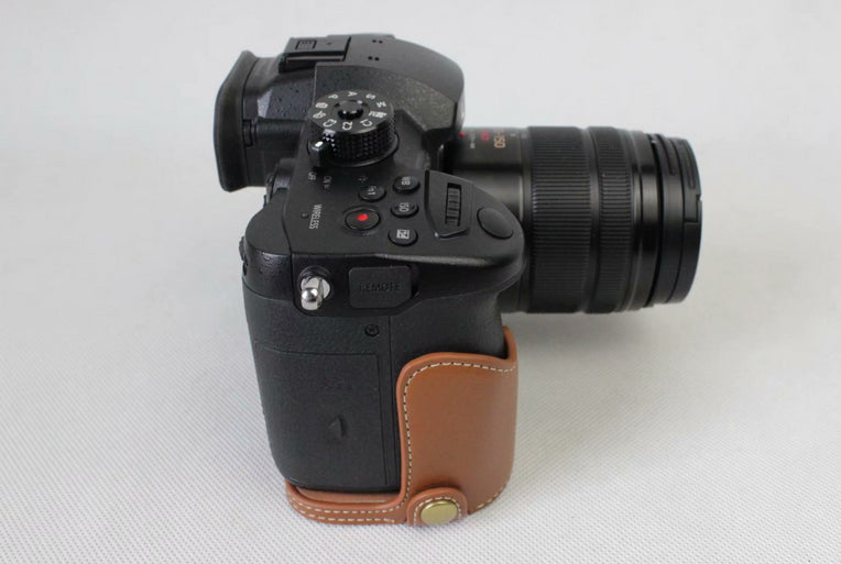 Genuine Leather Half Camera Bag Case Protector for Panasonic DMC-GH5GK / GH5 Camera - Brown