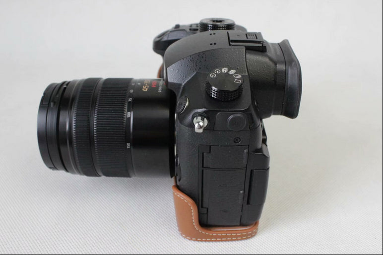 Genuine Leather Half Camera Bag Case Protector for Panasonic DMC-GH5GK / GH5 Camera - Brown