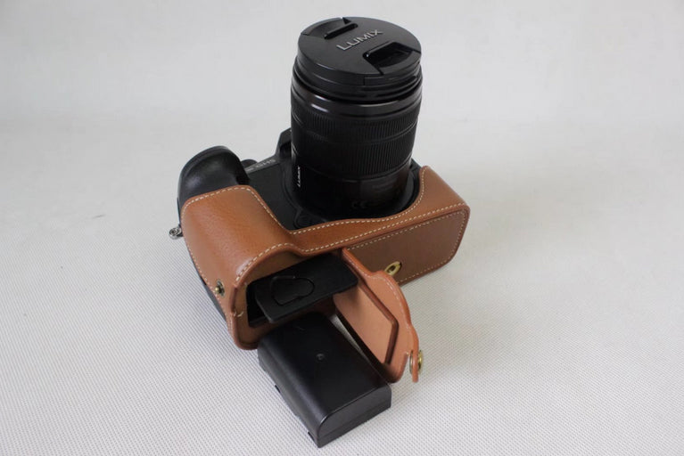 Genuine Leather Half Camera Bag Case Protector for Panasonic DMC-GH5GK / GH5 Camera - Brown