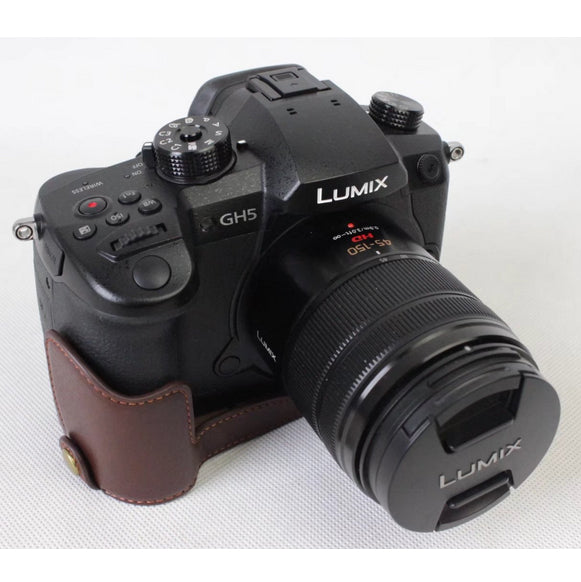 Genuine Leather Half Camera Cover Bag Case Protector for Panasonic DMC-GH5GK / GH5 Camera - Coffee