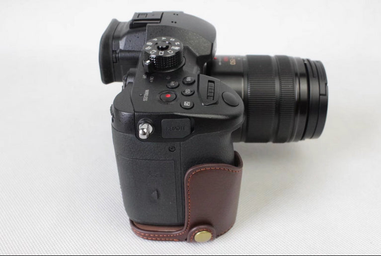Genuine Leather Half Camera Cover Bag Case Protector for Panasonic DMC-GH5GK / GH5 Camera - Coffee