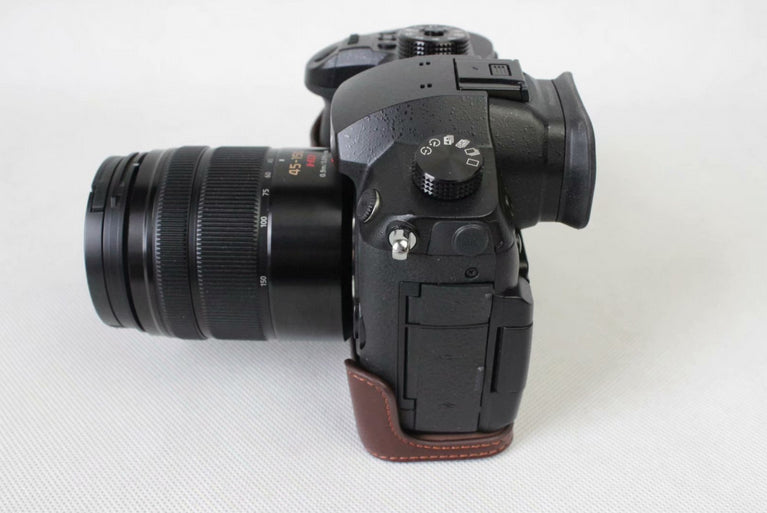 Genuine Leather Half Camera Cover Bag Case Protector for Panasonic DMC-GH5GK / GH5 Camera - Coffee