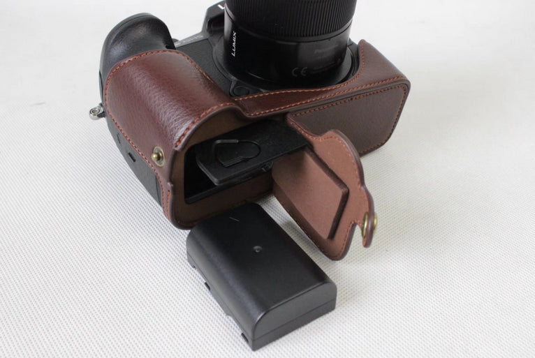 Genuine Leather Half Camera Cover Bag Case Protector for Panasonic DMC-GH5GK / GH5 Camera - Coffee