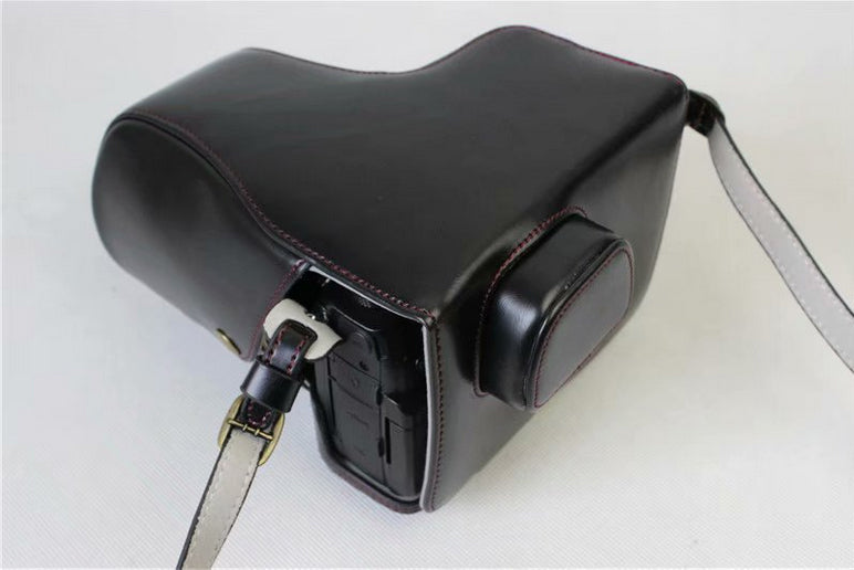 PU Leather Protective Case + Strap + Camera Lens Bag for Panasonic DMC-GH5GK Camera with 45-150mm Lens - Black