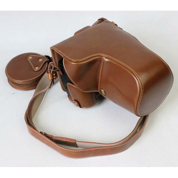 PU Leather Protective Pouch + Strap + Camera Lens Bag for Panasonic DMC-GH5GK Camera with 45-150mm Lens - Brown