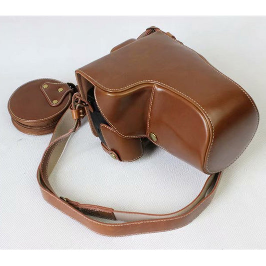 PU Leather Protective Pouch + Strap + Camera Lens Bag for Panasonic DMC-GH5GK Camera with 45-150mm Lens - Brown