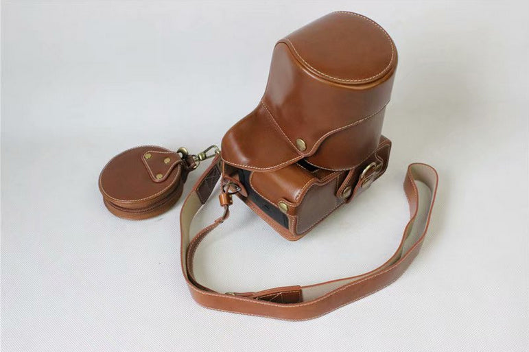 PU Leather Protective Pouch + Strap + Camera Lens Bag for Panasonic DMC-GH5GK Camera with 45-150mm Lens - Brown