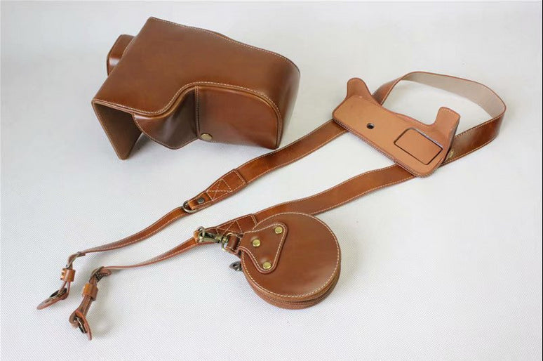 PU Leather Protective Pouch + Strap + Camera Lens Bag for Panasonic DMC-GH5GK Camera with 45-150mm Lens - Brown