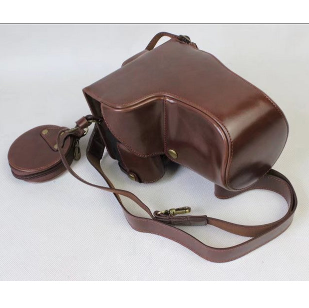 PU Leather Protective Cover + Strap + Camera Lens Bag for Panasonic DMC-GH5GK Camera with 45-150mm Lens - Coffee