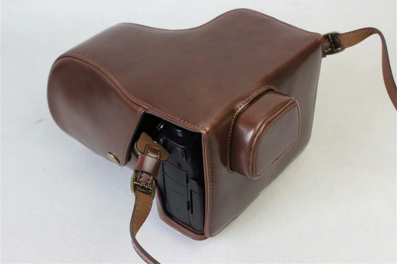 PU Leather Protective Cover + Strap + Camera Lens Bag for Panasonic DMC-GH5GK Camera with 45-150mm Lens - Coffee