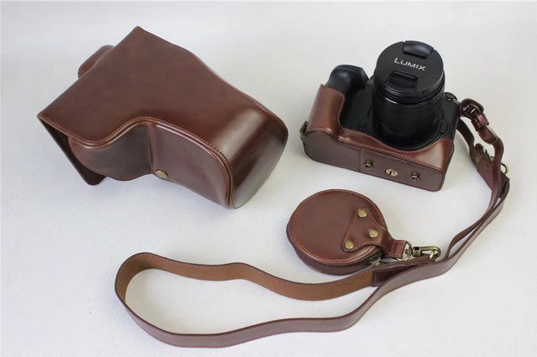 PU Leather Protective Cover + Strap + Camera Lens Bag for Panasonic DMC-GH5GK Camera with 45-150mm Lens - Coffee
