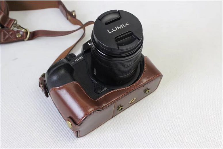 PU Leather Protective Cover + Strap + Camera Lens Bag for Panasonic DMC-GH5GK Camera with 45-150mm Lens - Coffee