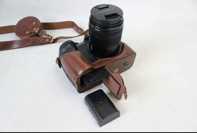 PU Leather Protective Cover + Strap + Camera Lens Bag for Panasonic DMC-GH5GK Camera with 45-150mm Lens - Coffee