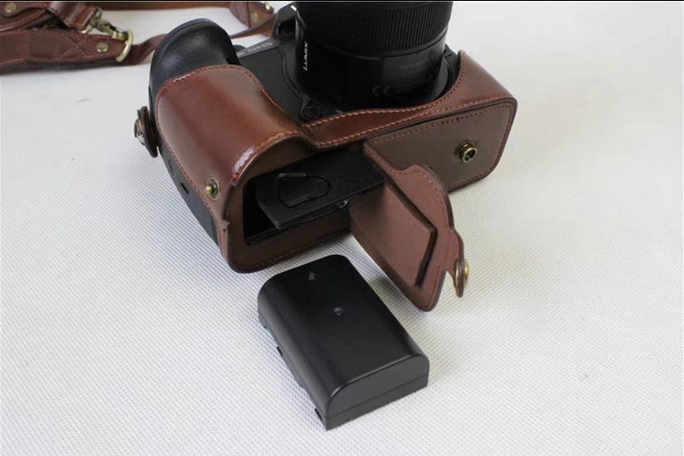 PU Leather Protective Cover + Strap + Camera Lens Bag for Panasonic DMC-GH5GK Camera with 45-150mm Lens - Coffee
