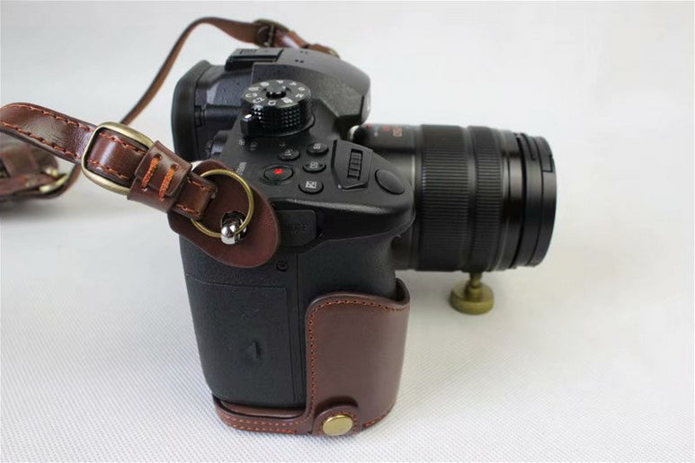 PU Leather Protective Cover + Strap + Camera Lens Bag for Panasonic DMC-GH5GK Camera with 45-150mm Lens - Coffee